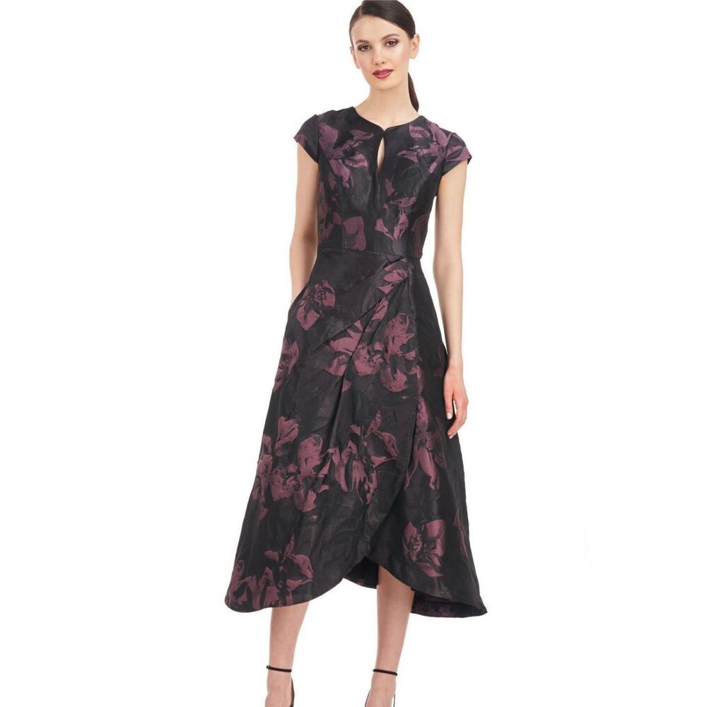 Kay Unger Massima Metallic Floral Jacquard Midi Cocktail Dress Mink Rose Size 6